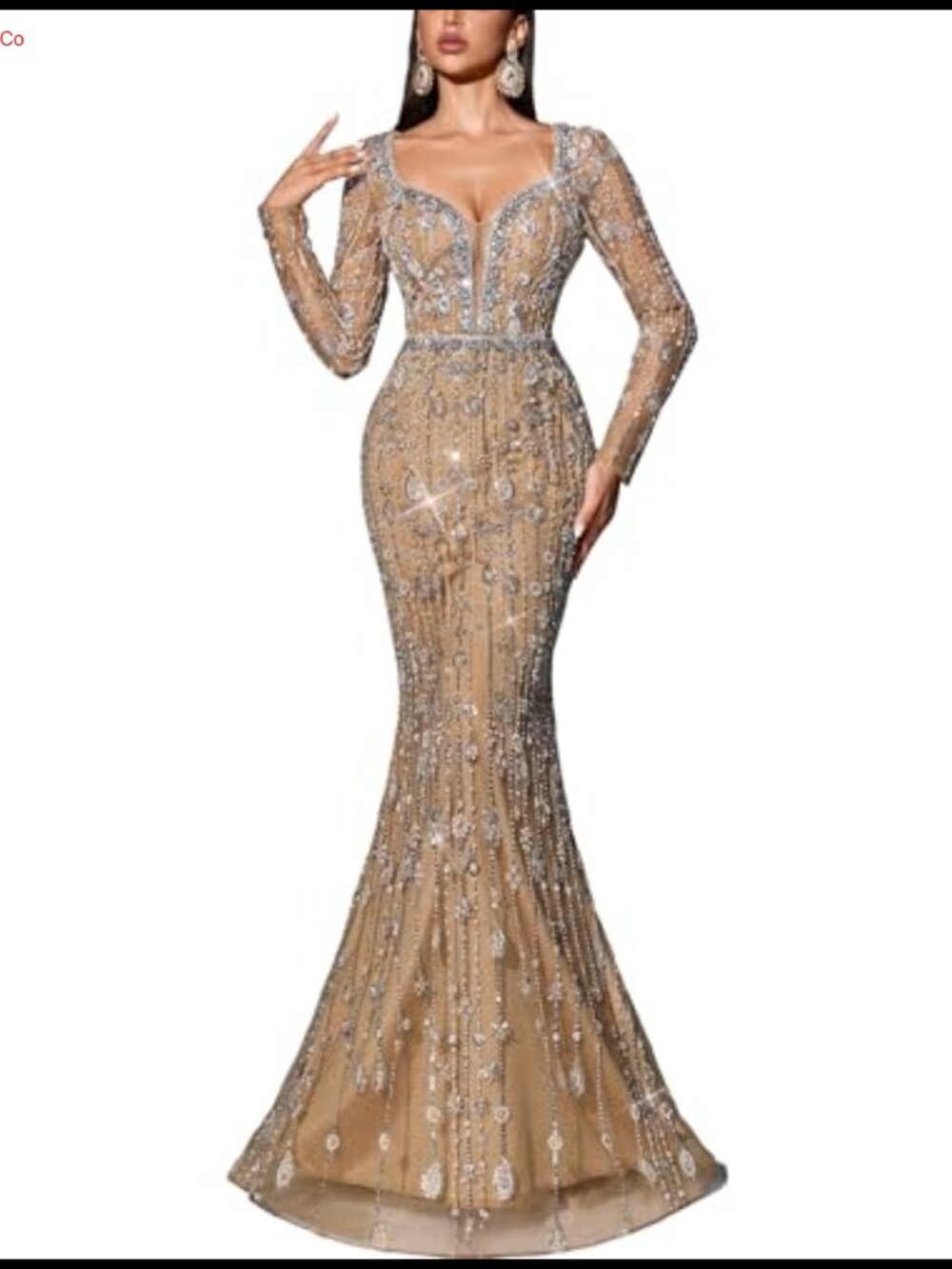 Sequin Beaded Mermaid Prom Dress Long Sleeve Formal Evening Gown
